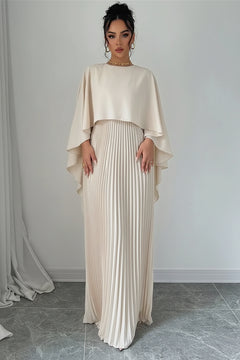 Cream pleated maxi dress with cape sleeves and pleated long skirt, centered