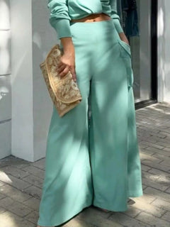 Long sleeve shirt and wide leg pants set in mint green, wide-leg pants with side tie detail