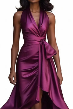 Wine red satin maxi dress with surplice neckline and draped ruffled high-low hem
