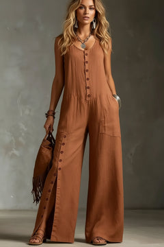 Rust-brown sleeveless button-front wide-leg jumpsuit with patch pockets