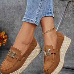 Suede round-toe platform loafers in brown with metal buckle bar and textured platform sole
