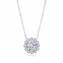 925 sterling silver moissanite flower necklace on chain, round center halo