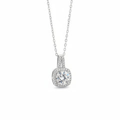 Silver pendant necklace with cushion center stone and pavé halo on chain