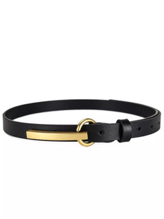 Black leather belt with gold buckle loop and bar keeper