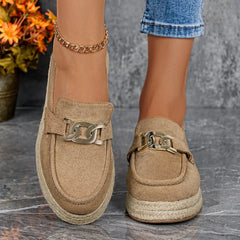 Suede round-toe platform loafers in light tan with metal buckle detail and thick platform sole