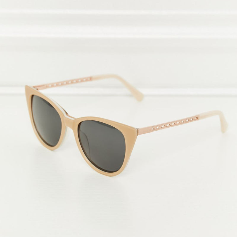 Mocha cat-eye acetate sunglasses with dark lenses and thin gold-tone temples