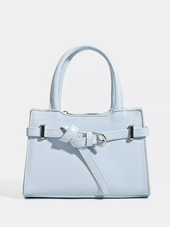Light blue structured top-handle handbag with buckle-front strap detail