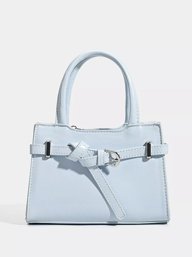 Light blue structured top-handle handbag with buckle-front strap detail