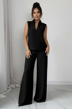 Black sleeveless V-neck top and wide-leg pants set, straight wide hems