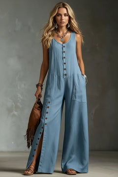 Blue sleeveless button-front wide-leg jumpsuit with patch pockets