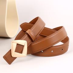 Geometric buckle belt, tan strap with gold-tone square diamond buckle and stitching