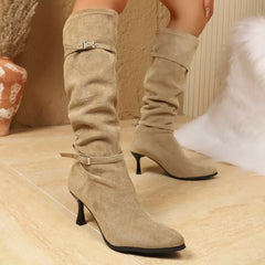 Khaki point-toe kitten heel boots with buckle straps at calf