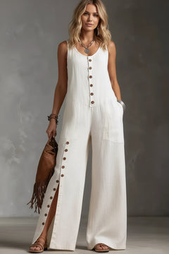 White sleeveless button-front wide-leg jumpsuit with patch pockets