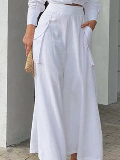Long sleeve shirt and wide leg pants set in white, high-rise wide-leg pants with side ties