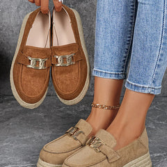Suede round-toe platform loafers, brown, with metal buckle detail and espadrille-style sole