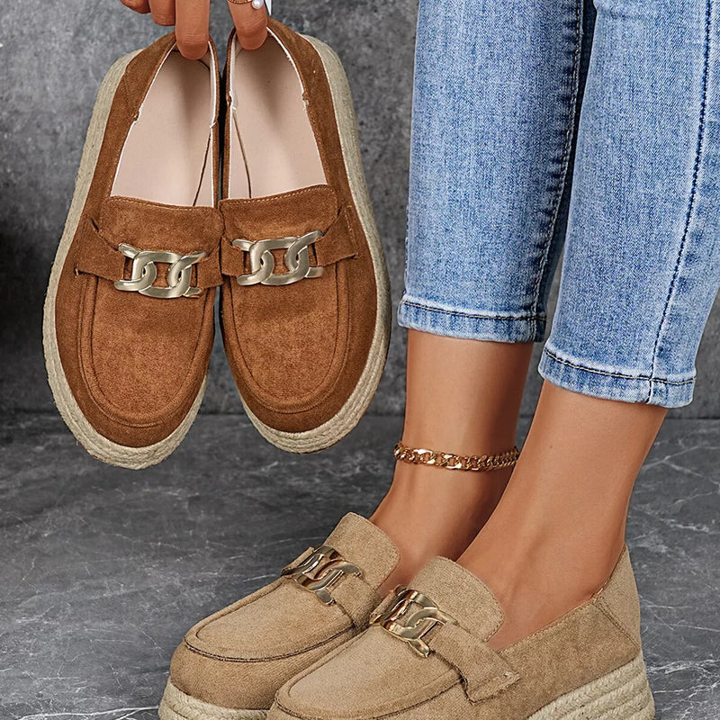 Suede round-toe platform loafers, brown, with metal buckle detail and espadrille-style sole
