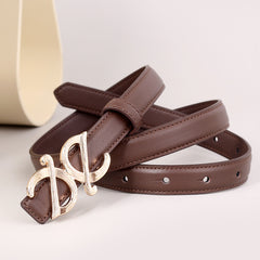 Leather buckle belt with dark brown strap and silver-toned buckle