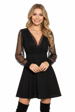 Black glitter mesh long-sleeve mini dress with V-neck and flared skirt