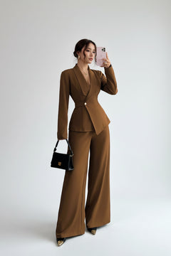 Brown one-button blazer and wide-leg pants set, full-body side view