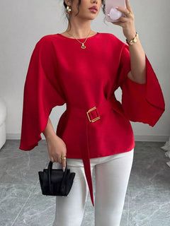 Red batwing sleeve belted blouse with square buckle waist, flowy draped hem
