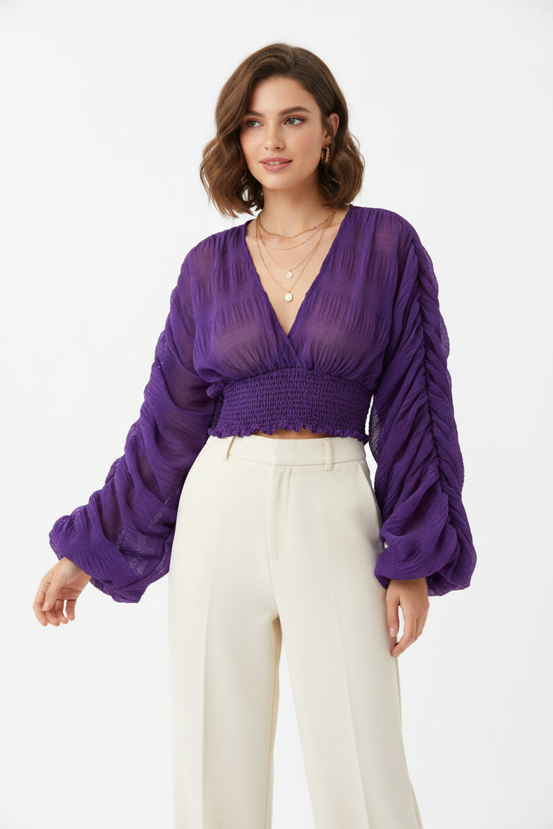 Purple long-sleeve blouse with V-neck and smocked ruched waist, puffed sleeves