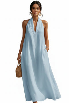 Sky blue halter neck sleeveless maxi dress with deep V-neck and loose fit