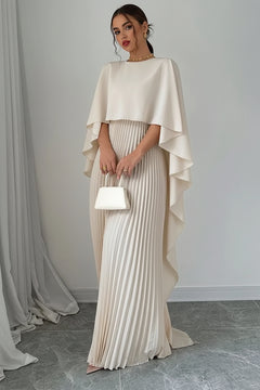 Cream pleated maxi dress with cape sleeves and pleated maxi skirt, front view
