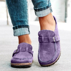 Purple suede round-toe low-heel loafers with front buckle strap and stitched edges