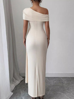 Off-white one-shoulder ruched maxi dress with draped folded shoulder, fitted column fit.