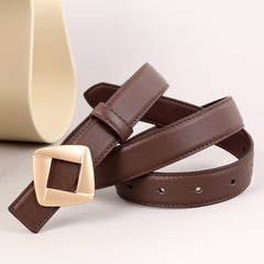 Geometric buckle belt, coffee-brown strap with gold-tone square buckle and holes