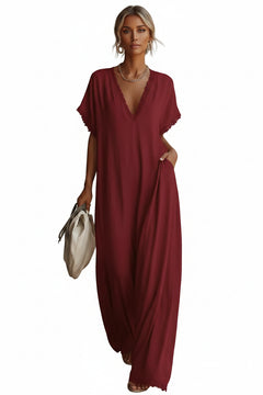 Wine red lace-trim V-neck maxi dress with short sleeves and flowing draped shape