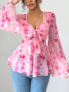 Floral chiffon peplum blouse with tie-front knot and long flared sleeves, pink/red rose print