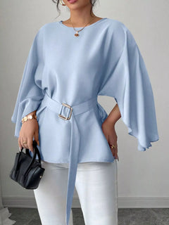 Light blue batwing sleeve belted blouse with square buckle waist, flowy draped back hem