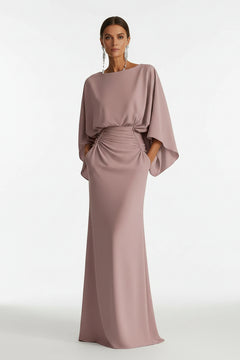 Mauve batwing-sleeve ruched maxi dress with gathered waist