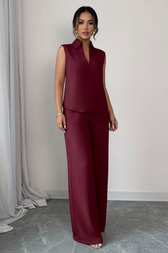 Burgundy sleeveless V-neck top and wide-leg pants set with long flared trousers