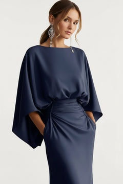 Navy batwing-sleeve ruched maxi dress with gathered waist