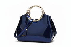 Indigo glossy handbag with round ring handle and detachable shoulder strap