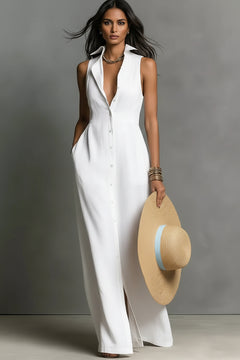 White sleeveless button-down maxi dress with V-neck and front button placket