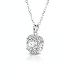 925 sterling silver moissanite pendant with open-set round center and cushion halo