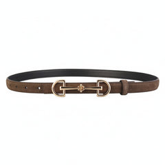 Coffee brown leather belt with gold-tone double ring buckle and adjustable strap holes.