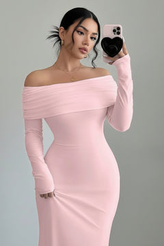 Pink off-shoulder long sleeve maxi dress with gathered neckline and fitted waist.