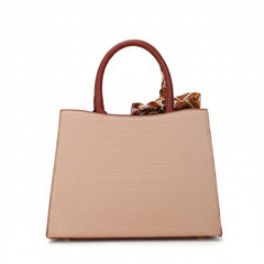 Crocodile-embossed handbag with top handles, beige front panel and minimal hardware