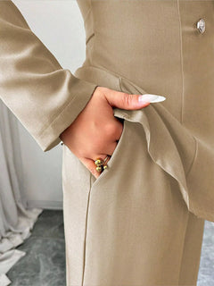 Tan one-button blazer and wide-leg pants set with gold-tone button details