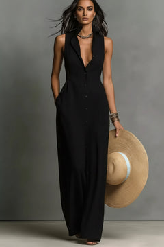 Black sleeveless button-down maxi dress with V-neck and front button placket