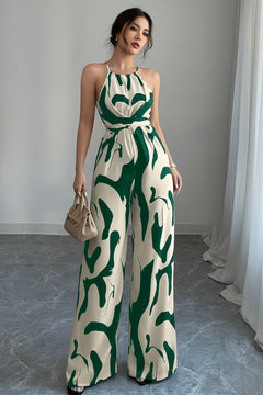 Green and cream abstract print sleeveless wide-leg jumpsuit with waist tie