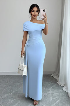 Powder blue one-shoulder ruched maxi dress with folded off-shoulder neckline, fitted fit.
