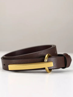 Brown leather belt with gold buckle and bar keeper, single pin holes visible