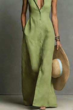 Sage green sleeveless button-down maxi dress with V neckline and button front
