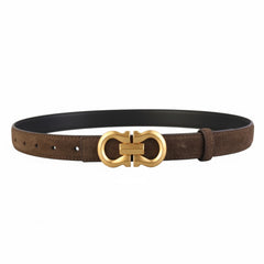 Coffee brown leather-look belt with gold-tone oval buckle and center bar