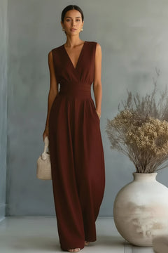 Burgundy sleeveless wide-leg jumpsuit with V-neck and ruched waist